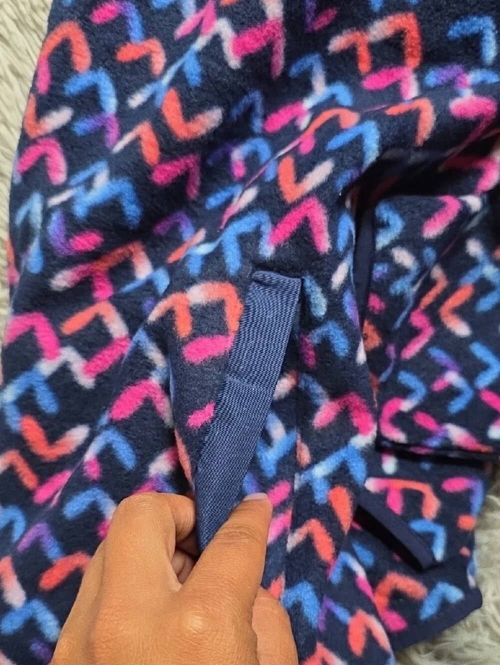 Eddie Bauer Navy Fleece Jacket with Pink, Orange, Blue and Purple Chevron Print